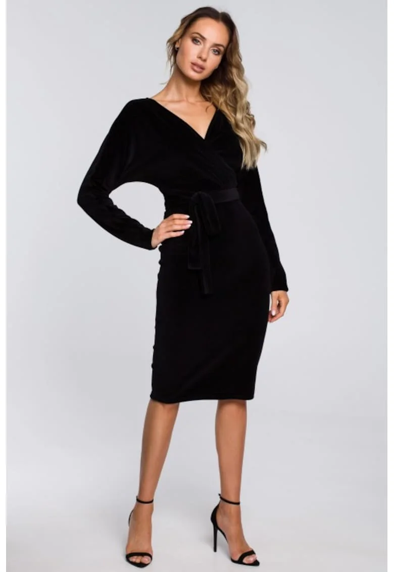 Rochie bodycon din catifea cu decolteu in V,, Negru