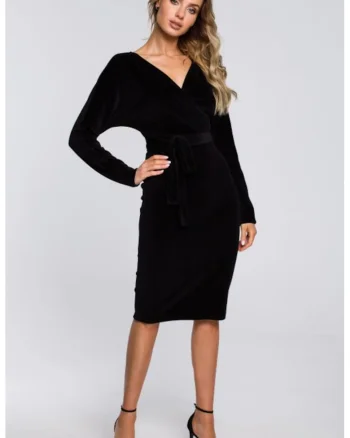 Rochie bodycon din catifea cu decolteu in V,, Negru