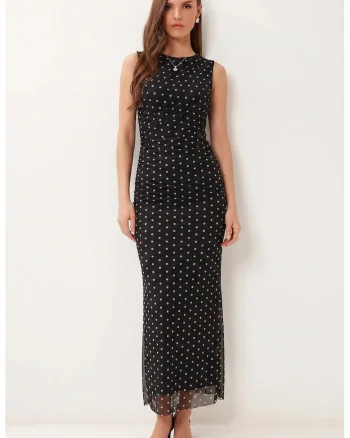 Rochie Midi Bodycon Happiness Istanbul, Neagra, Tul, Drapata