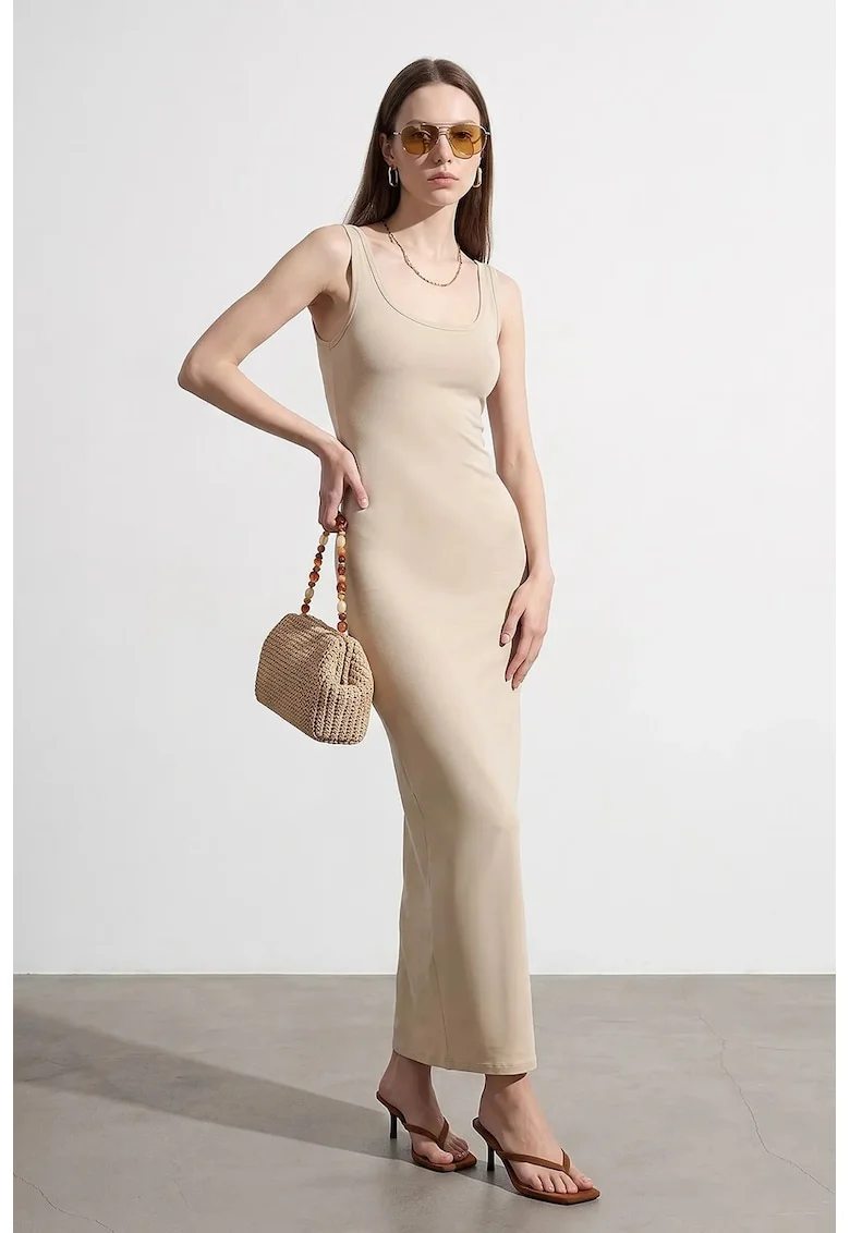 Rochie Midi Bodycon  Bej Natural, elasticitate, bumbac/modal/elastan