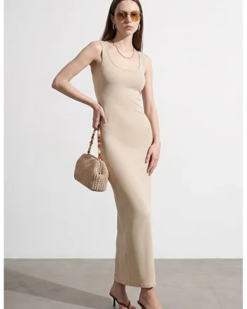 Rochie Midi Bodycon  Bej Natural, elasticitate, bumbac/modal/elastan