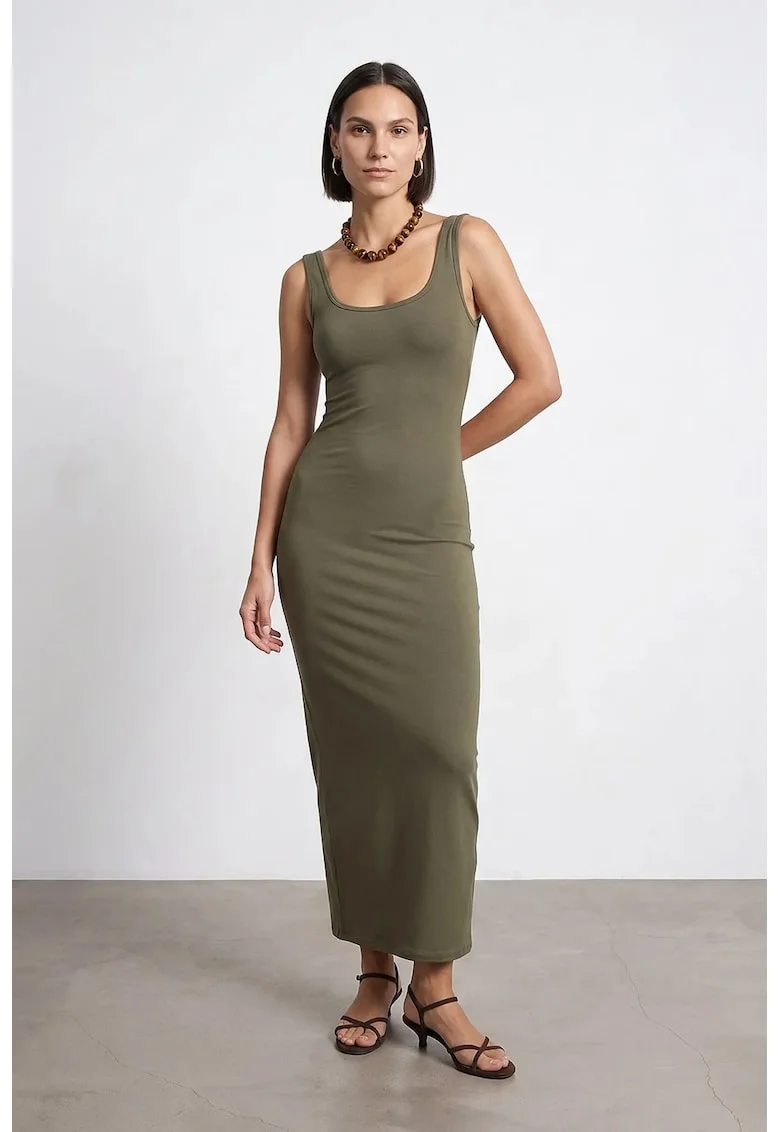 Rochie Midi,  Bodycon, Kaki, Bumbac, Modal, Elastan
