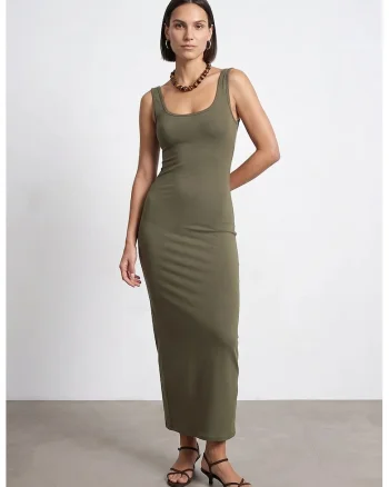 Rochie Midi,  Bodycon, Kaki, Bumbac, Modal, Elastan