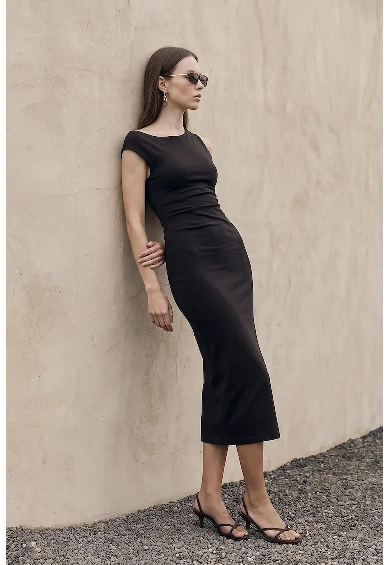 Rochie Midi Bodycon Dama  Negru, Elegant, Drapaj, Bumbac