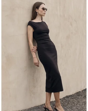 Rochie Midi Bodycon Dama  Negru, Elegant, Drapaj, Bumbac