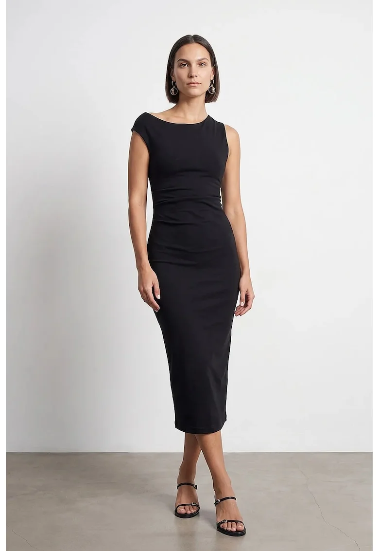 Rochie Midi Bodycon Femei  Negru, Elegant, Drapaj, Bumbac