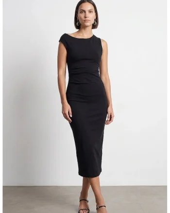 Rochie Midi Bodycon Femei  Negru, Elegant, Drapaj, Bumbac