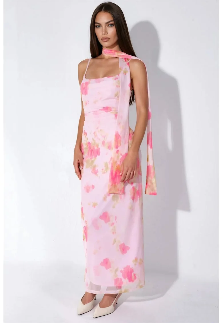 Rochie maxi,  bodycon, floral, roz aprins, tul