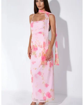 Rochie maxi,  bodycon, floral, roz aprins, tul