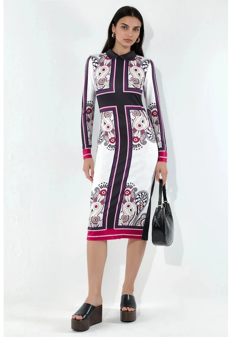 Rochie Midi Bodycon cu Imprimeu,  Multicolor, Poliester si Lycra