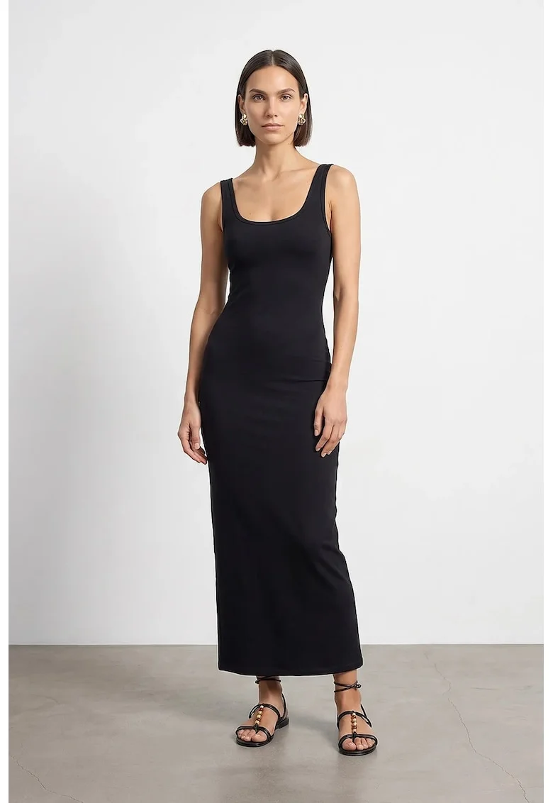 Rochie Midi Bodycon  Negru, Bumbac, Modal, Elastan, Fara Maneci