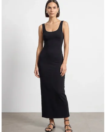 Rochie Midi Bodycon  Negru, Bumbac, Modal, Elastan, Fara Maneci