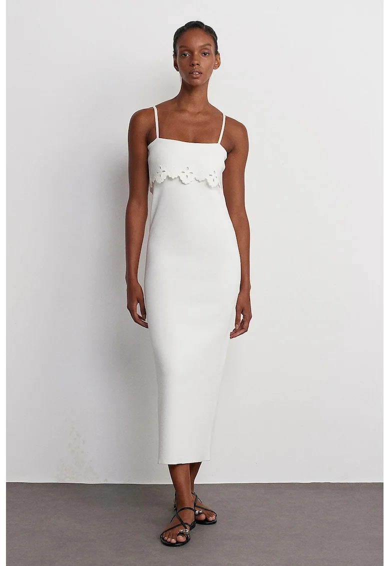 Rochie Midi,  Bodycon, Alb, Tricotata, Broderie,