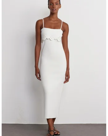 Rochie Midi,  Bodycon, Alb, Tricotata, Broderie,