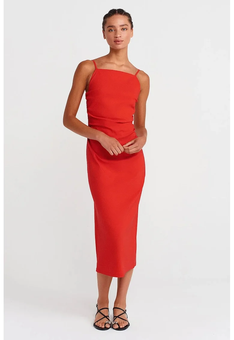 Rochie Midi Bodycon  Rosu, cu decolteu patrat, maneci fara umeri, din jerseu Lycra