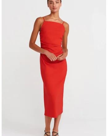 Rochie Midi Bodycon  Rosu, cu decolteu patrat, maneci fara umeri, din jerseu Lycra