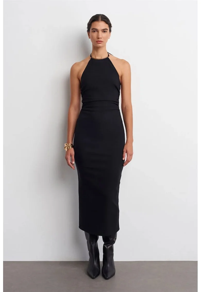 Rochie Midi,  Bodycon, Negru, Decolteu Halter, Detalii Decupate, Fabricat din Viscoza, Poliamida, Elastan