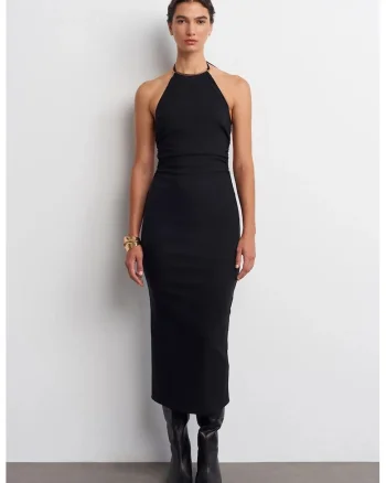 Rochie Midi,  Bodycon, Negru, Decolteu Halter, Detalii Decupate, Fabricat din Viscoza, Poliamida, Elastan