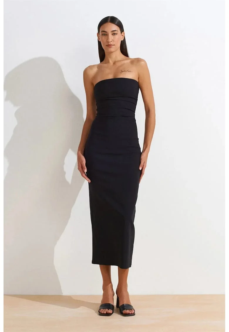 Rochie Midi Femei,  Bodycon, Negru, Elegant, Fara bretele, Cu slit, 70% viscoza