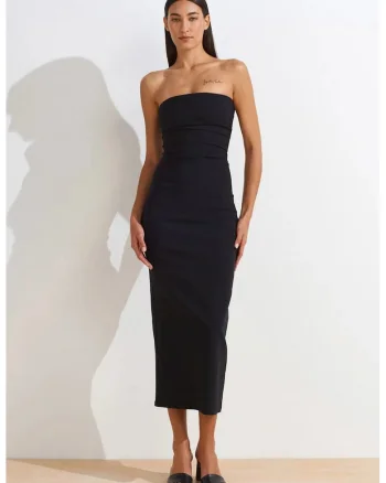 Rochie Midi Femei,  Bodycon, Negru, Elegant, Fara bretele, Cu slit, 70% viscoza