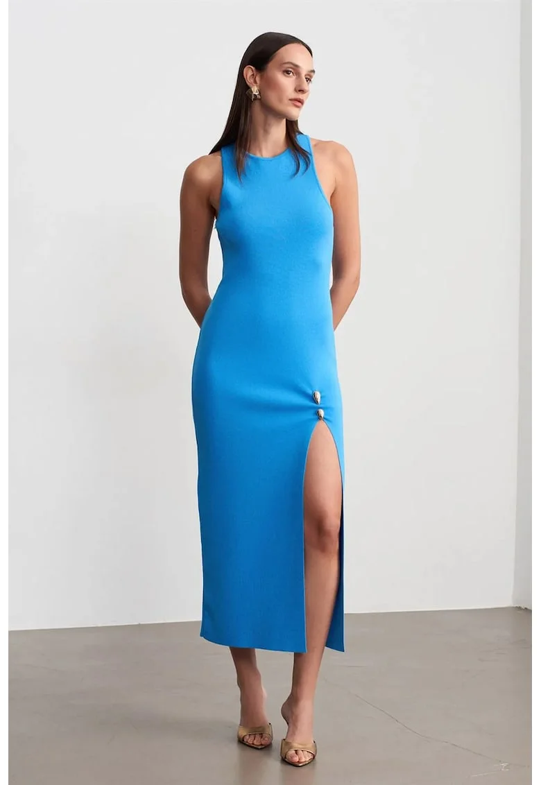 Rochie Midi  Bodycon Fara Maneci, Albastru, Tricot,