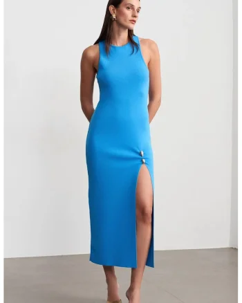 Rochie Midi  Bodycon Fara Maneci, Albastru, Tricot,