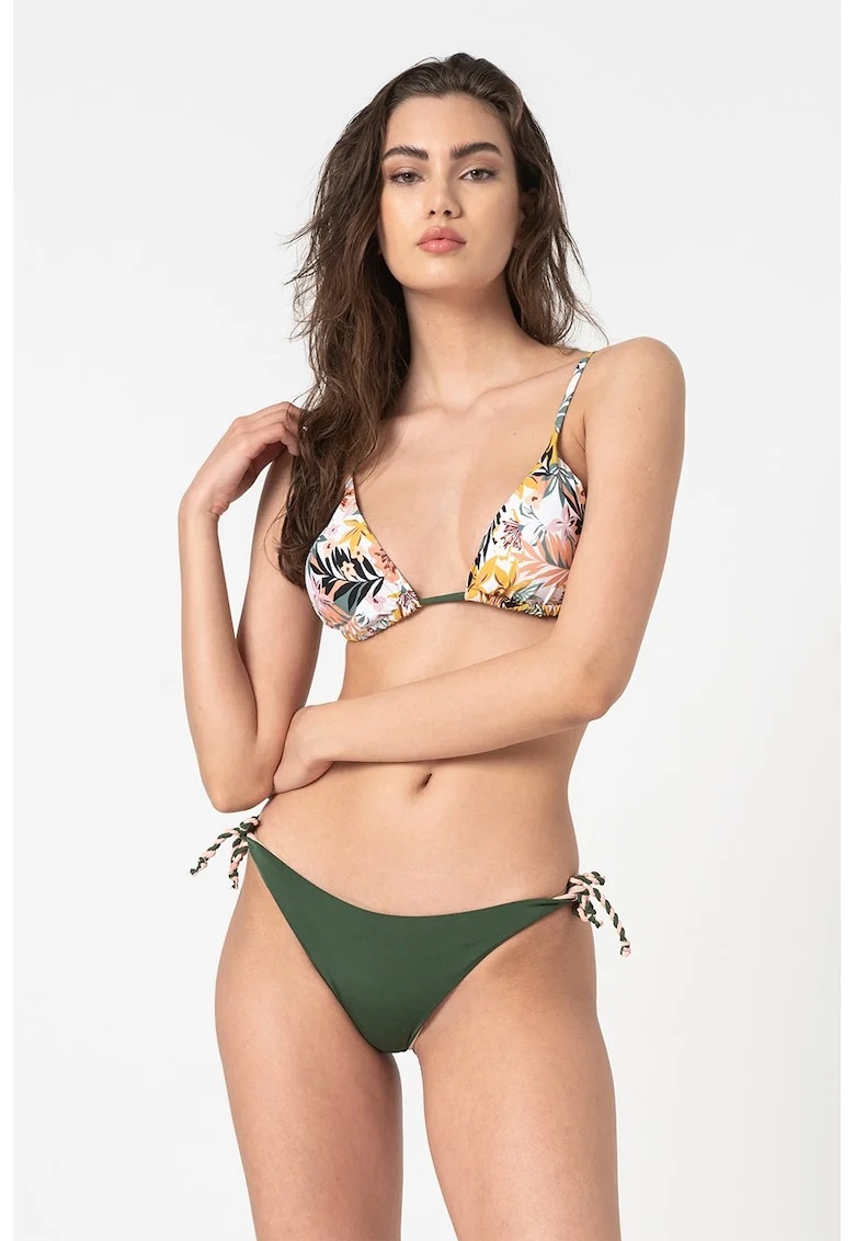 Sutien de baie cu cupe triunghiulare si imprimeu tropical, Alb/Verde/Portocaliu