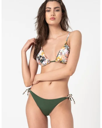 Sutien de baie cu cupe triunghiulare si imprimeu tropical, Alb/Verde/Portocaliu