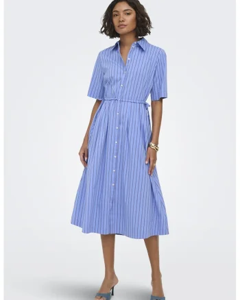 Rochie-camasa evazata cu dungi, Albastru azur/Visiniu inchis