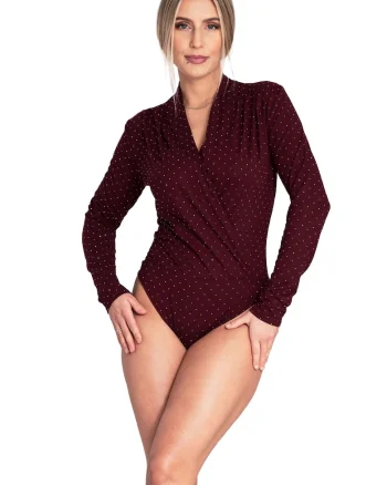 Bluza de tip body dama  cu maneci lungi, poliester/elastan, Visiniu