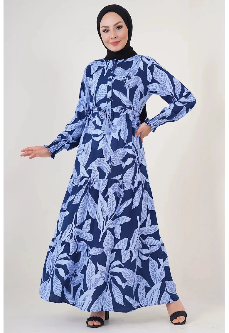 Rochie maxi dama, HiCCUP, viscoza, decolteu rotund, albastru