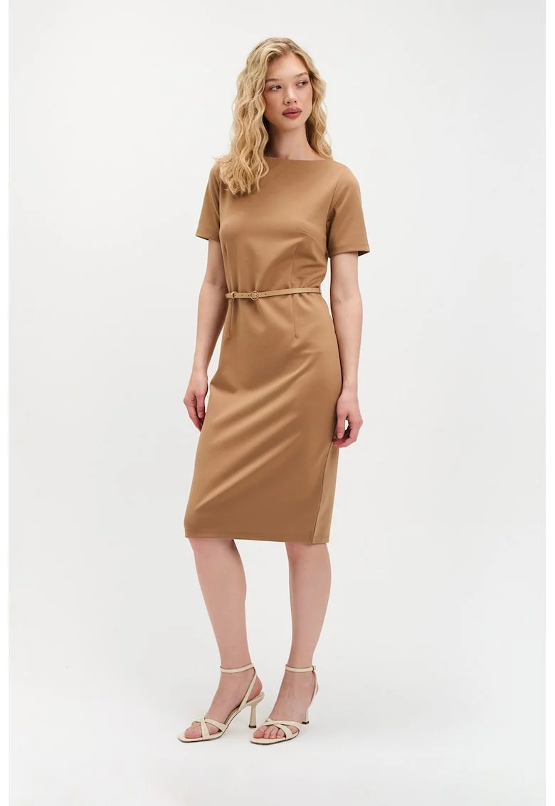 Rochie bodycon cu curea, Maro camel