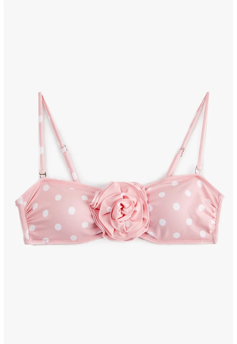 Sutien de baie bandeau cu model cu buline si aplicatie cu trandafir, Alb/Roz pastel