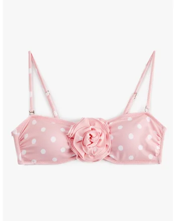Sutien de baie bandeau cu model cu buline si aplicatie cu trandafir, Alb/Roz pastel
