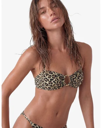 Sutien de baie bandeau cu model animal print, Maro/Crem