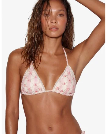 Sutien de baie cu cupe triunghiulare si model floral, Alb/Kaki/Roz