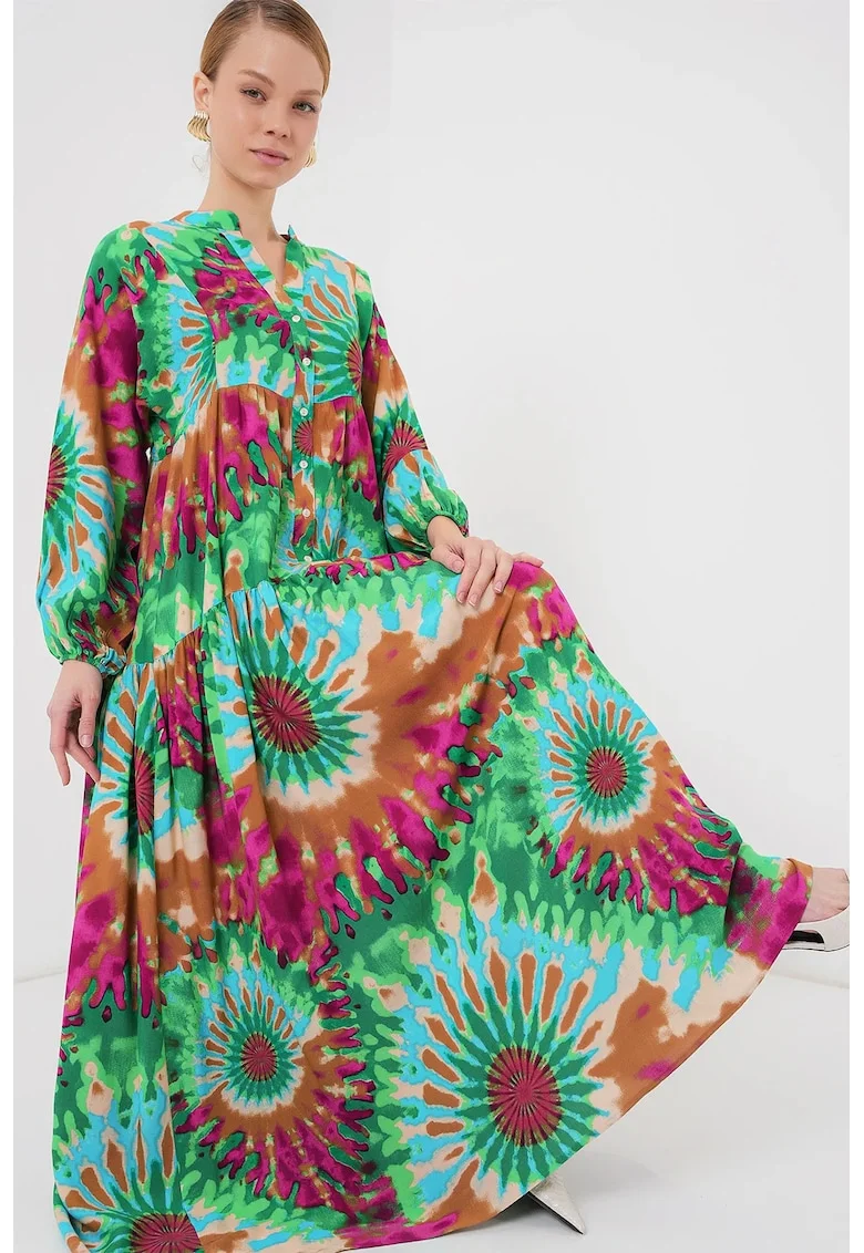 Rochie maxi dama, cu imprimeu,  decolteu V, viscoza, Verde, Verde