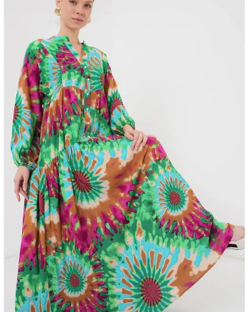 Rochie maxi dama, cu imprimeu,  decolteu V, viscoza, Verde, Verde