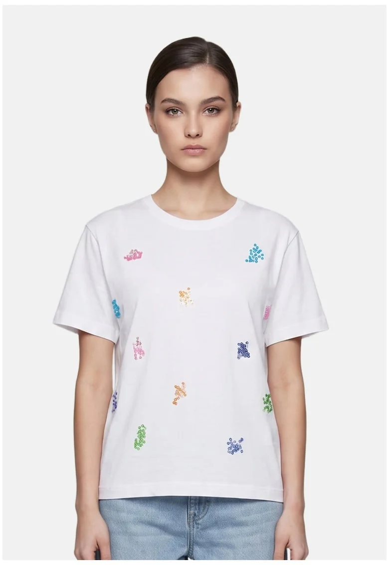 Tricou din bumbac cu paiete aplicate, Alb