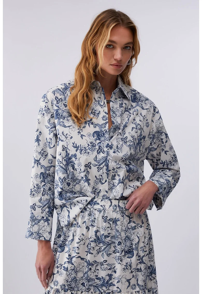 Camasa cu model floral si maneci lungi, Alb/Albastru