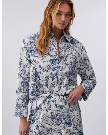 Camasa cu model floral si maneci lungi, Alb/Albastru