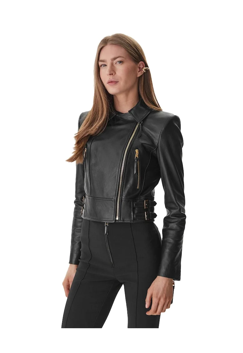 Geaca dama,  piele naturala, neagra, fermoar, buzunare cu fermoar