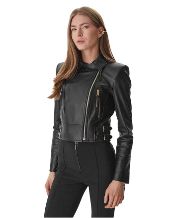 Geaca dama,  piele naturala, neagra, fermoar, buzunare cu fermoar