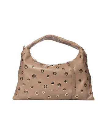 Geanta de piele ecologica cu maner si decupaje metalice decorative, Maro camel