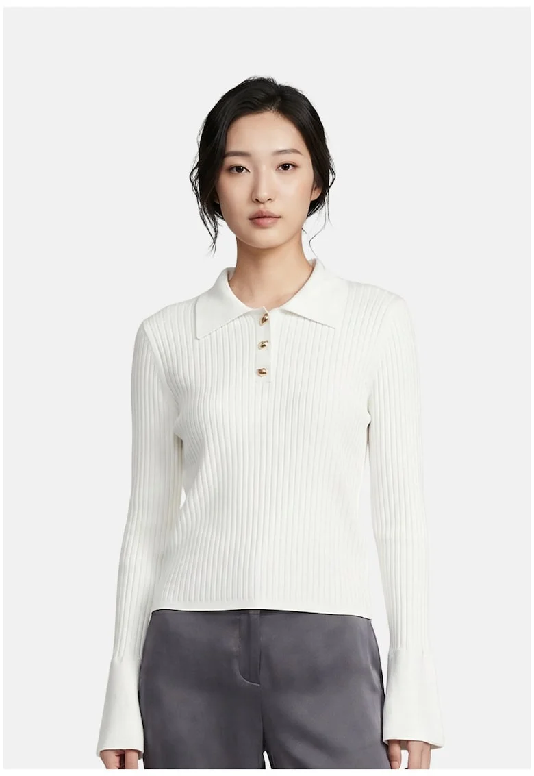 Pulover polo cu aspect striat, Alb