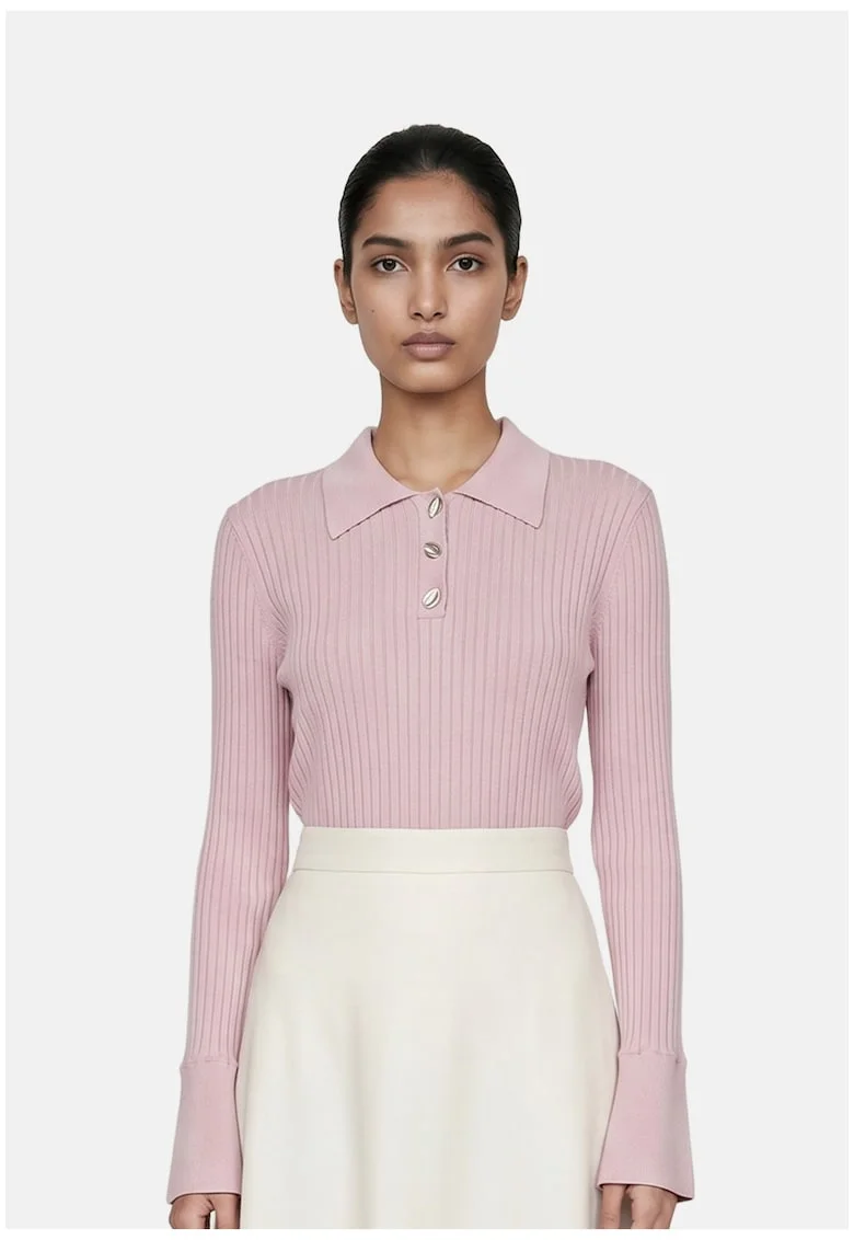 Pulover polo cu aspect striat, Roz deschis