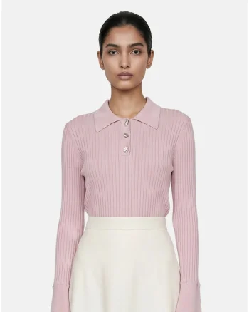 Pulover polo cu aspect striat, Roz deschis