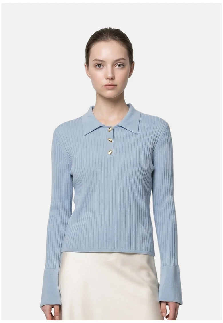 Pulover polo cu aspect striat, Albastru deschis