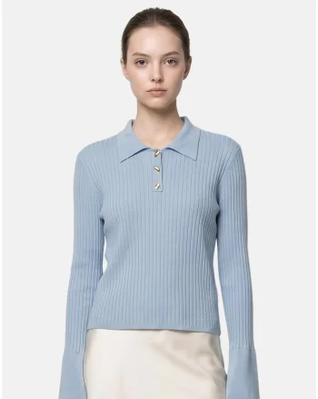 Pulover polo cu aspect striat, Albastru deschis
