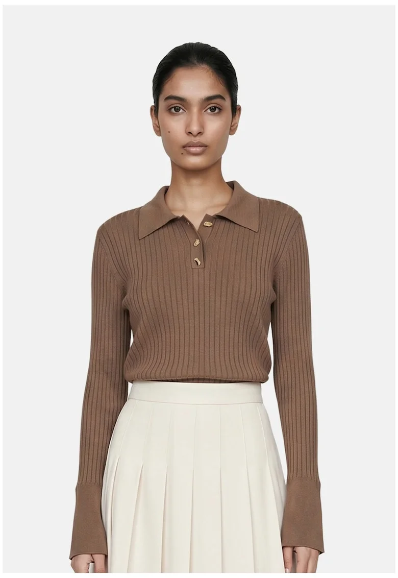 Pulover polo cu aspect striat, Maro